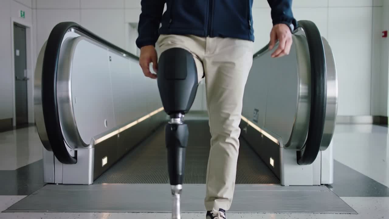 Moving prosthetic user in navy coat reaching walkway end stepping onto terminal floor showing pylon
