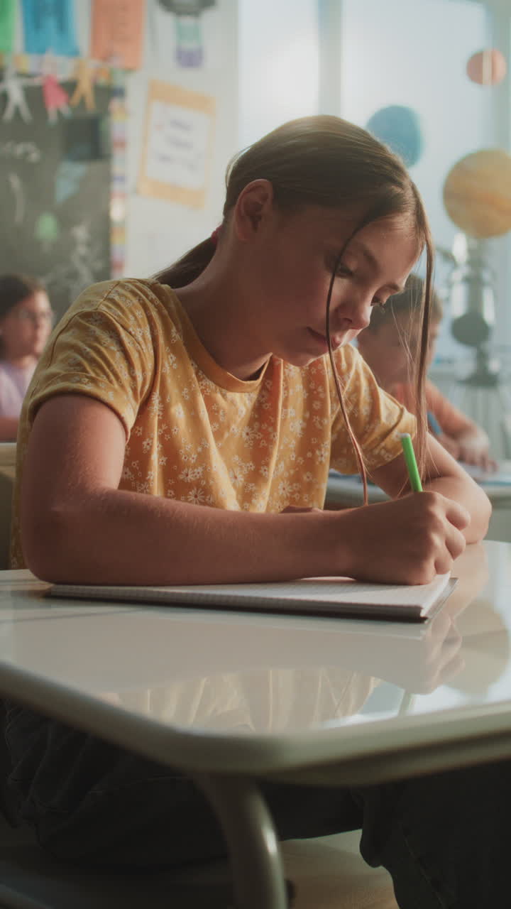 Elementary School Students Sitting at Desks Studying in Modern Classroom