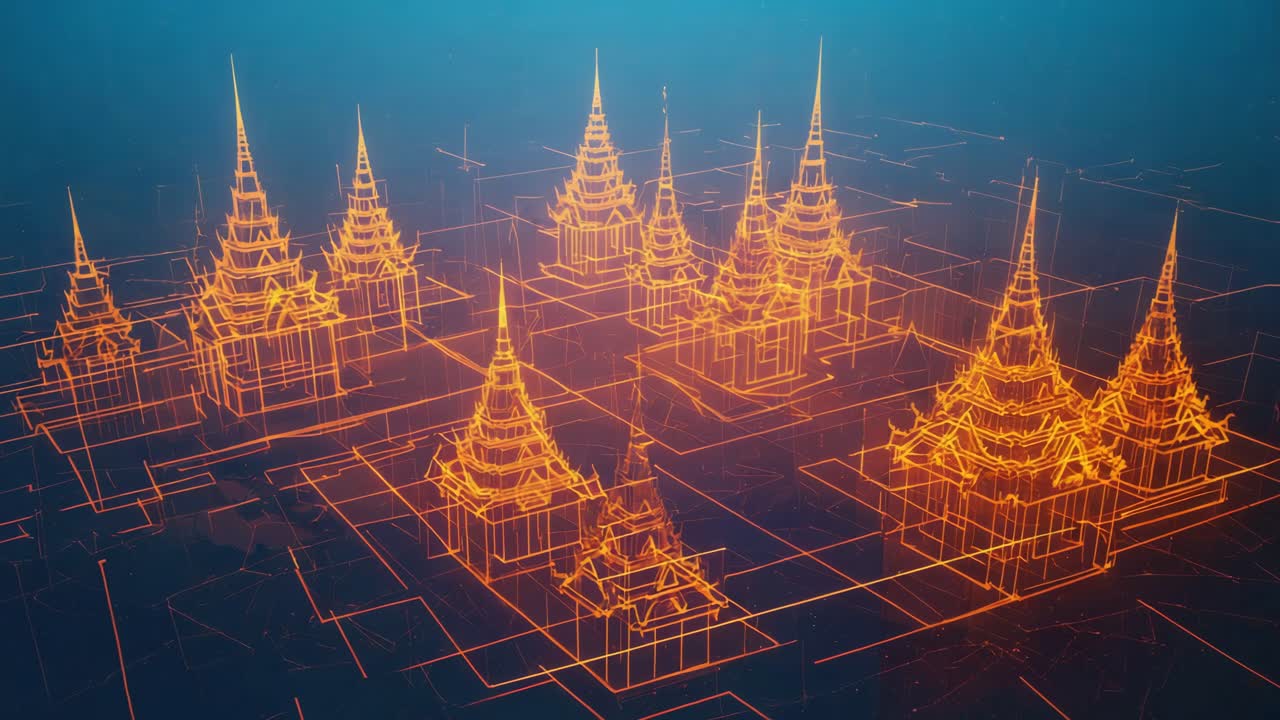 Digital rendering of temples on a grid