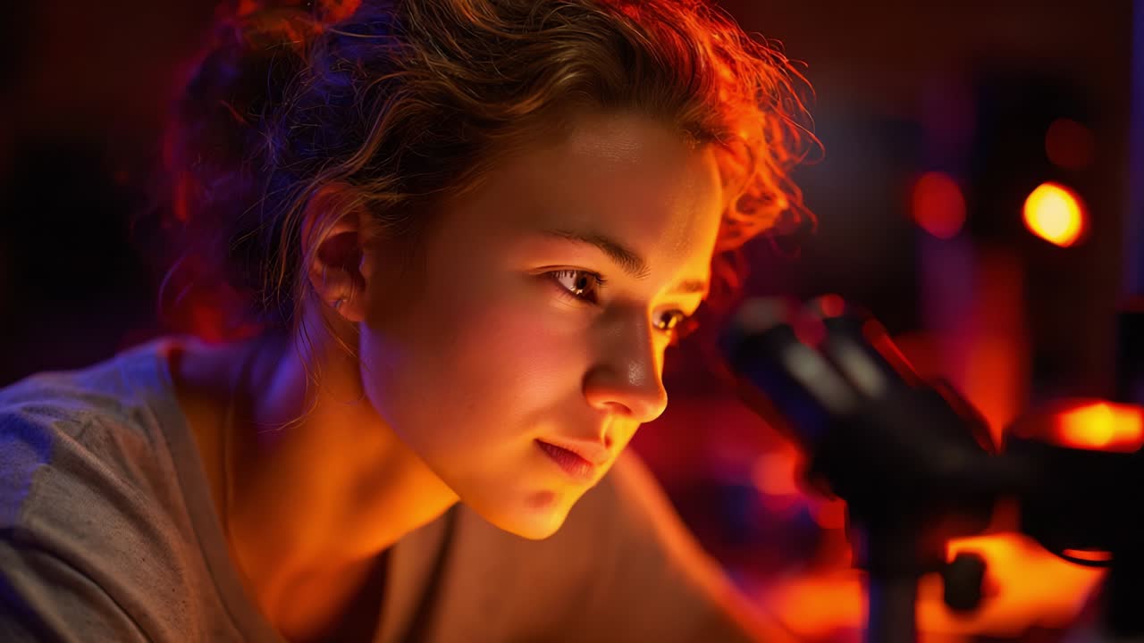 A Young Scientist in Deep Concentration, Illuminated by the Soft Glow of a Microscope, Pestering Curiosity and Passion for Discovery in a Scientific Exploration Environment