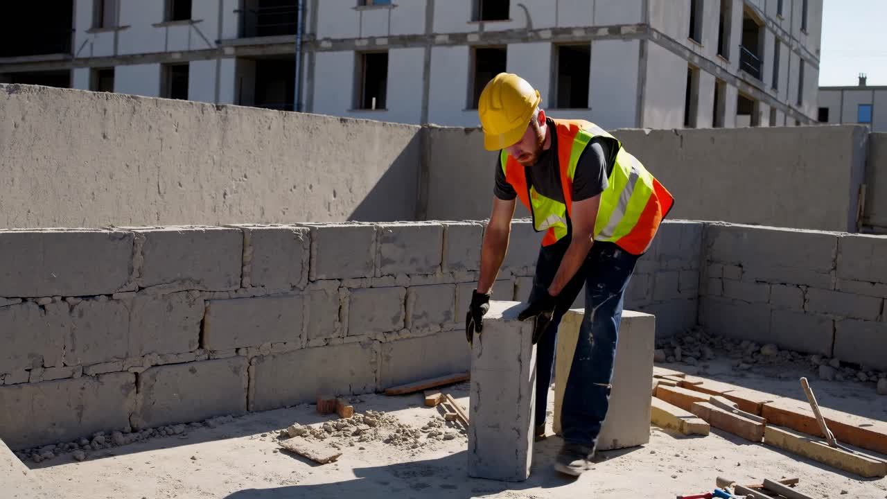 Construction Worker Laying Concrete Blocks