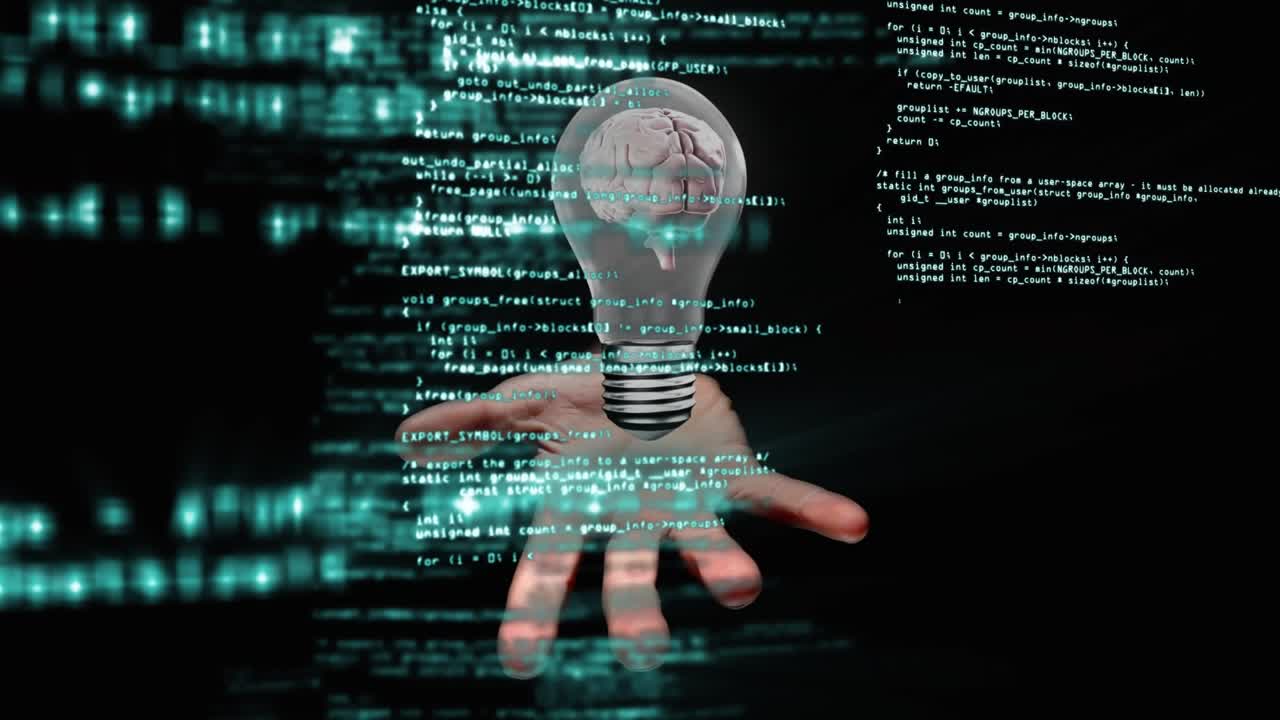 Animation of data processing against electric bulb floating over cupped hand on black background