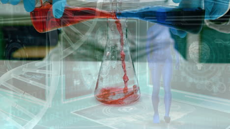animación de la cadena de adn y procesamiento de datos sobre la sección media del científico que trabaja en el laboratorio