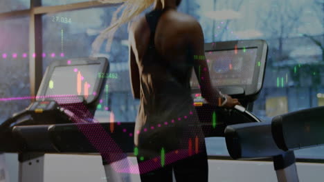 stock market data animation over person using treadmill in gym