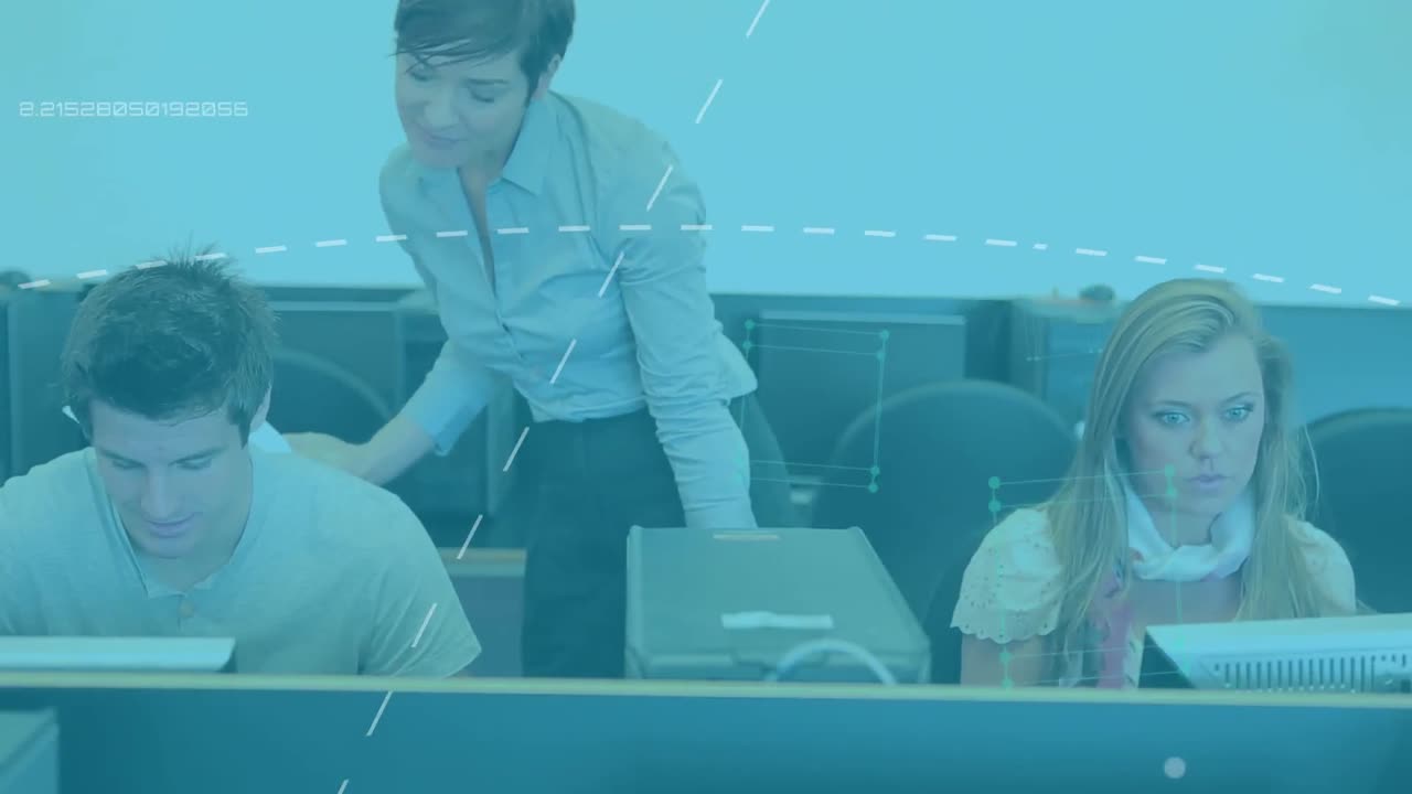 컴퓨터를 이용한 학생들의 그룹을 가로질러 움직이는 형태의 애니메이션