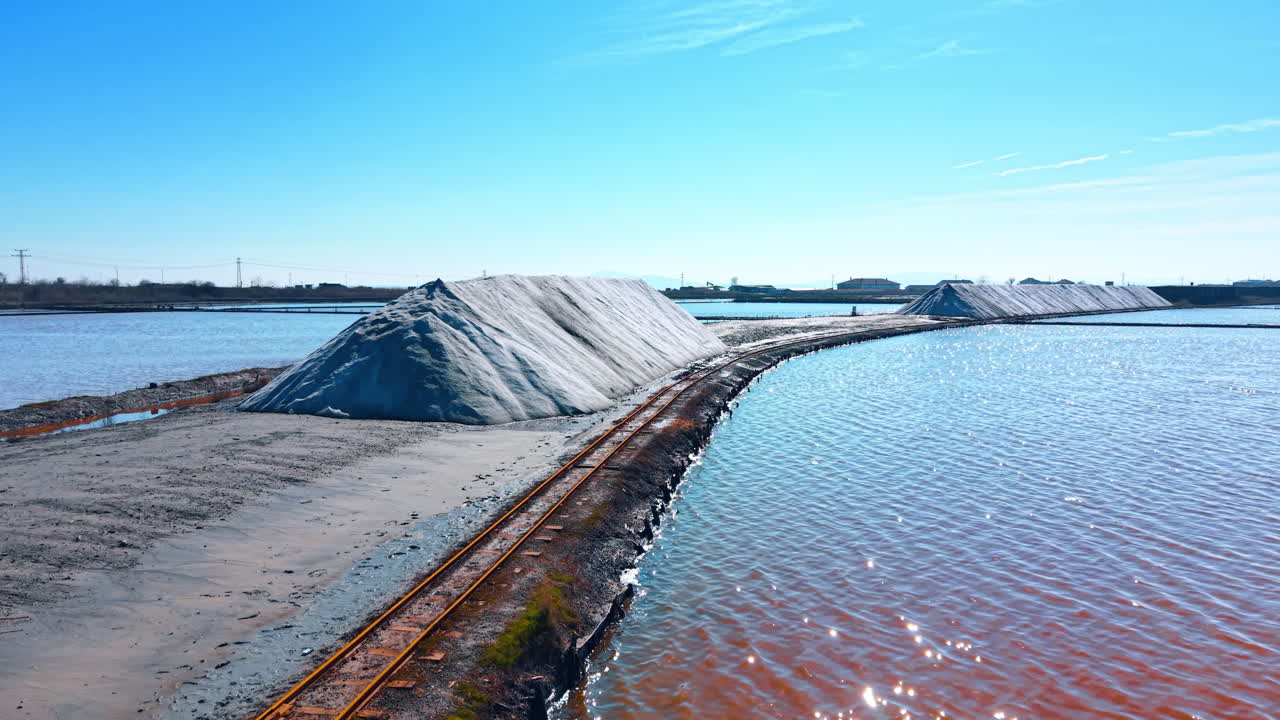 Utsikt over hvite saltrygger og smalsporede jernbaneskinner. Perspektivbilde av industrielle salthauger og skinner ved et saltproduksjonsanlegg nær rosa vann.