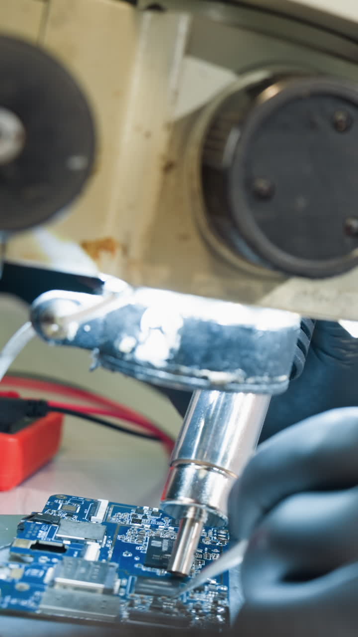 A close-up view of a technician in a laboratory, focusing intently on a circuit board under a microscope as he work on the circuit