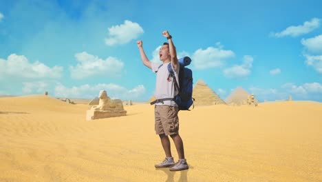 excited traveler in the egyptian desert