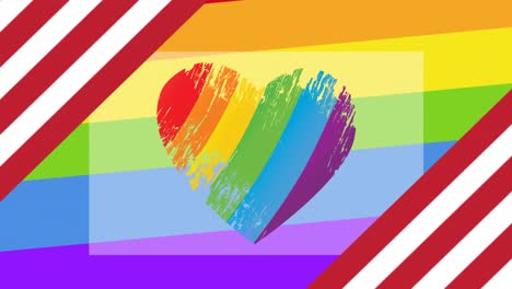 animación de la bandera estadounidense y el corazón del arco iris en el fondo del arco iris