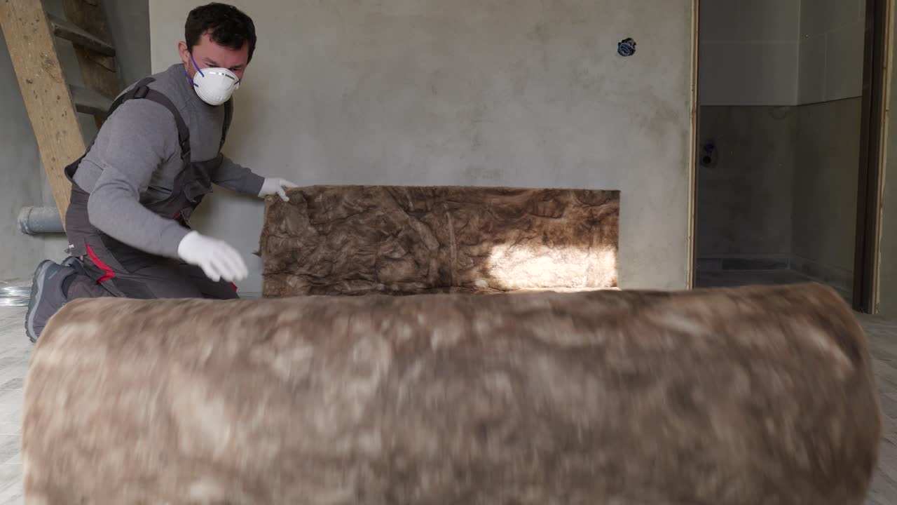 Young male construction worker unfolds a roll of mineral wool insulation towards the camera