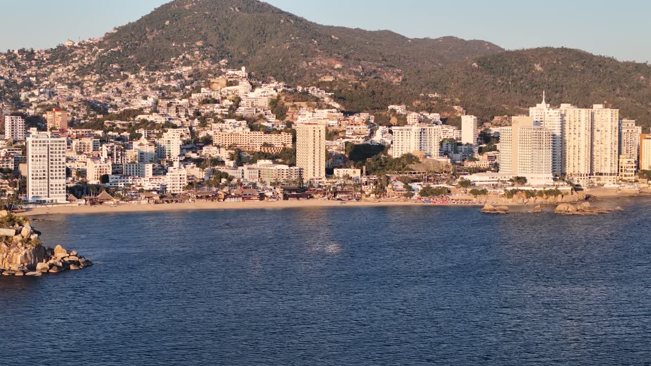 Aerial shot of acapulco beach and hotels