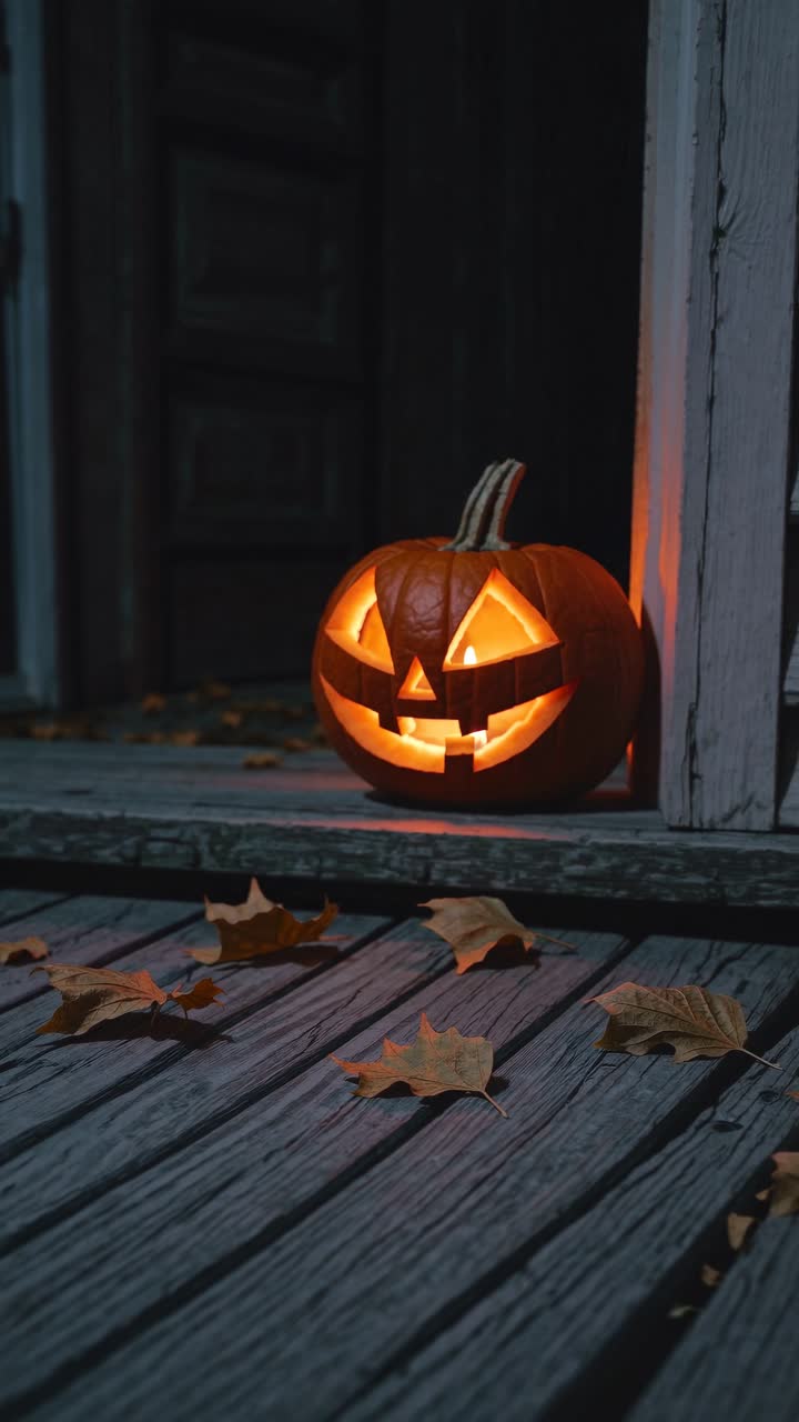 Un'inquadratura dal basso di una zucca intagliata luminosa su un portico di legno, circondata da foglie cadute.