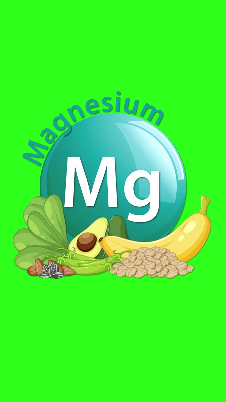 Un'icona lucida dell'elemento magnesio appare con testo, poi alimenti sani come spinaci, avocado, banana e semi si animano su uno sfondo verde vibrante.
