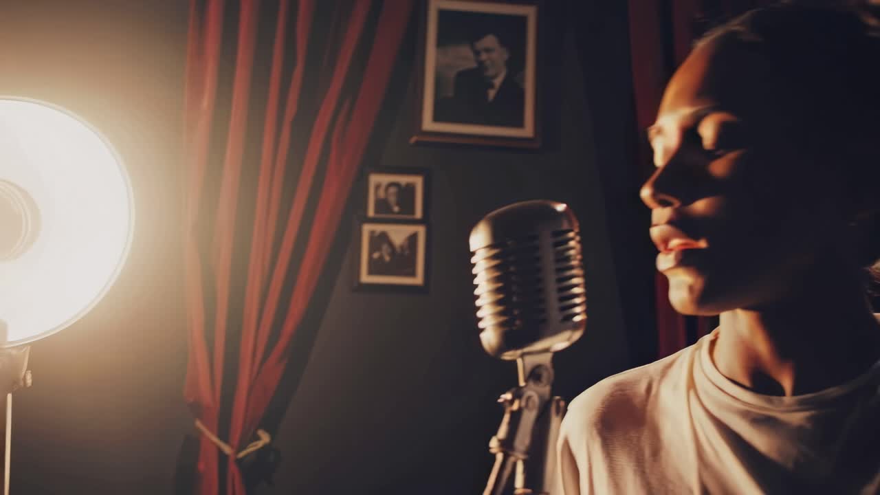 A vintage-style video with a close-up angle captures a singer by a retro microphone