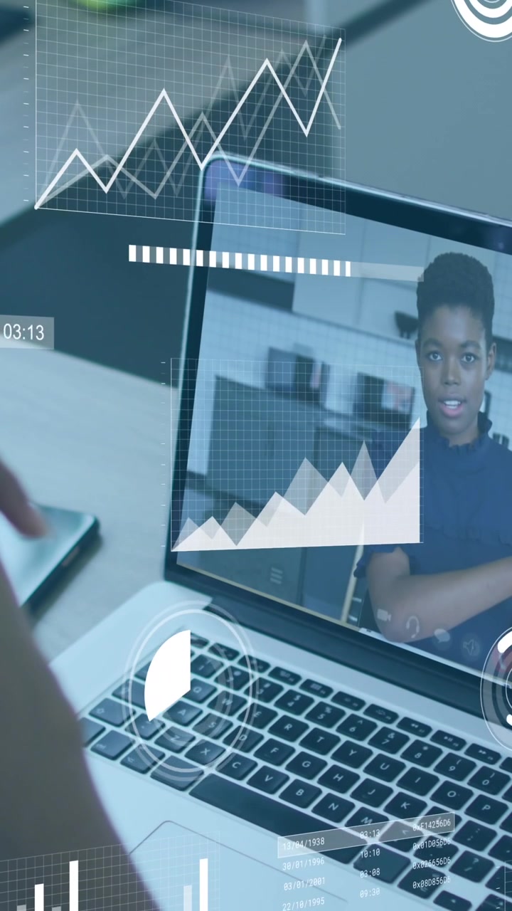 Animation of circles and bars with graphs, diverse female coworkers discussing reports on video call