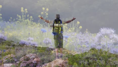 happy caucasian senior man hiking in countryside over wild flowers moving in the wind