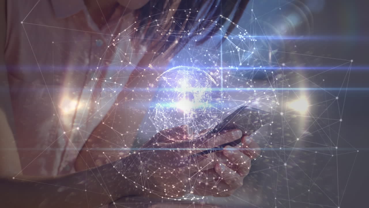 노트북을 사용하여 아이들에게 떨어지는 여성에 대한 연결 네트워크와 함께 지구상의 애니메이션