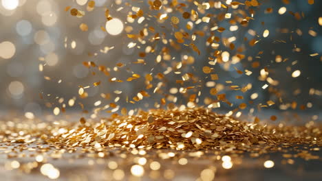 falling gold confetti pile with sparkling bokeh background