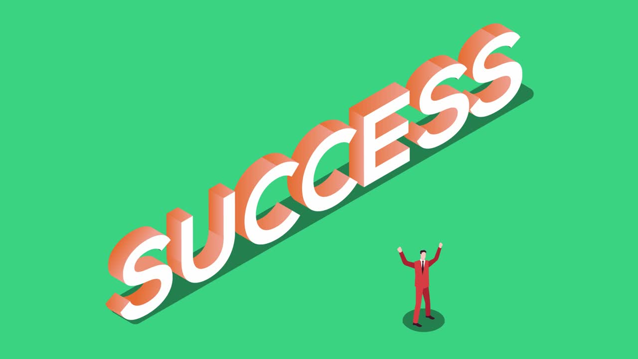 Happy male manager standing with success word