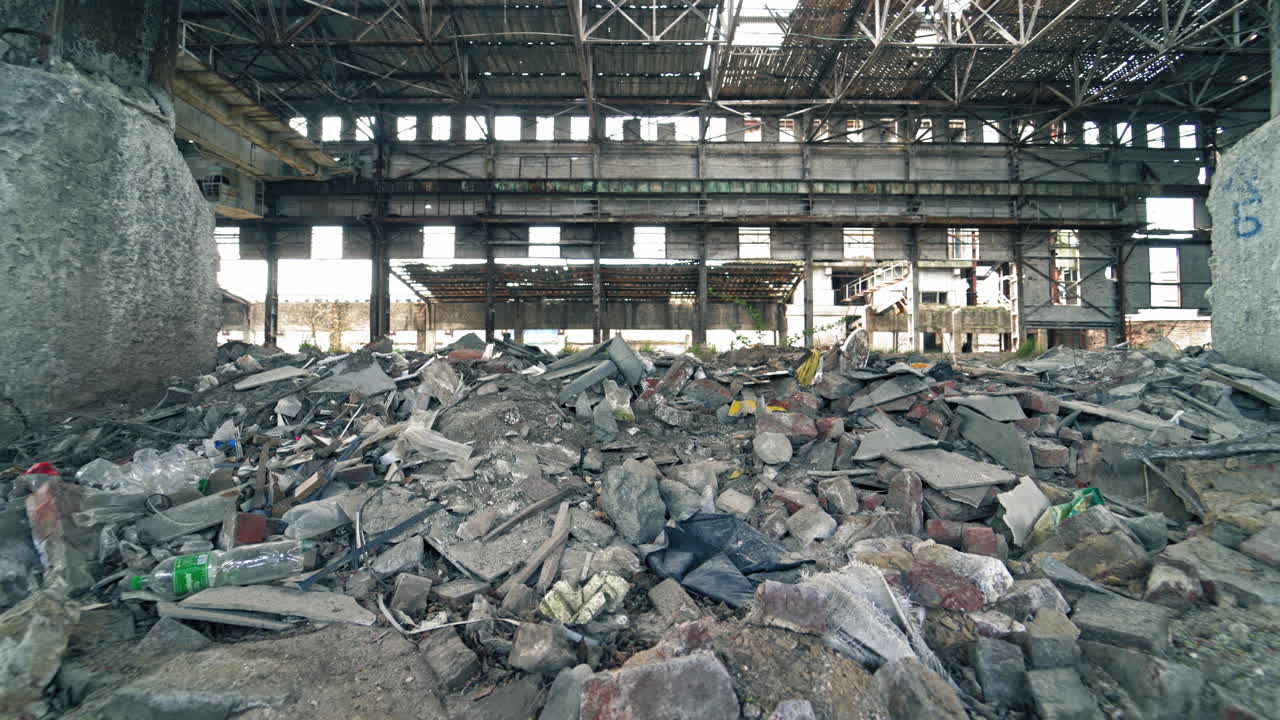 Abandoned Industrial Buildings. Abandoned industrial creepy warehouse inside old dark factory building