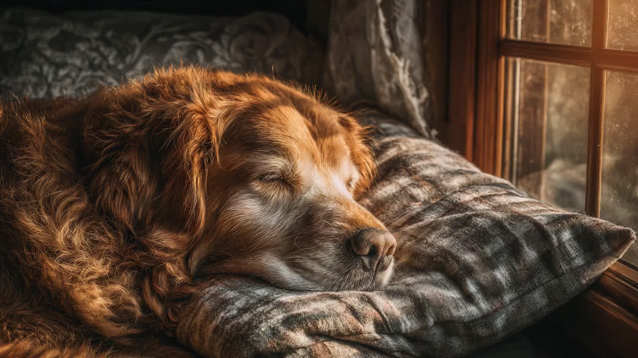 A Golden Retriever Enjoys a Restful Afternoon Nap by the Window, Surrounded by Warm Light and Cozy Pillows, Emitting a Sense of Peace and Contentment