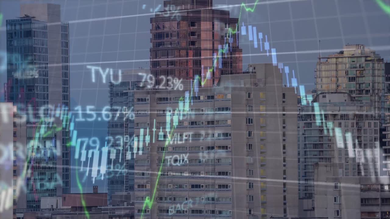 animación del procesamiento de datos financieros y bursátiles frente a una vista aérea del paisaje urbano