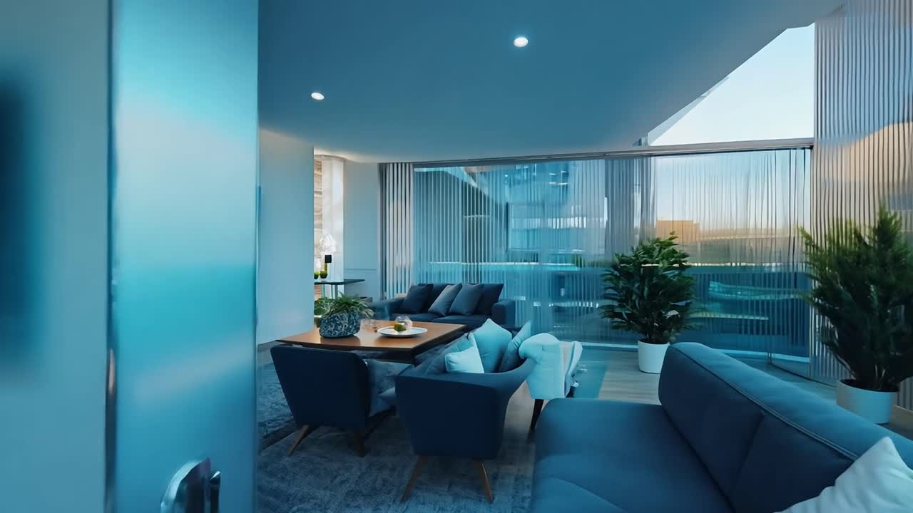 도시 전망을 가진 현대적인 거실