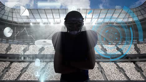 animation of scope scanning over american football player and empty stands in sports stadium