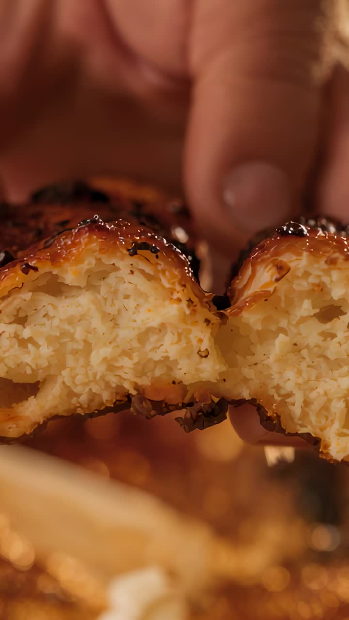 Vertical video: Touching pastry, fingers pulling glazed pastry apart in kitchen revealing crumb