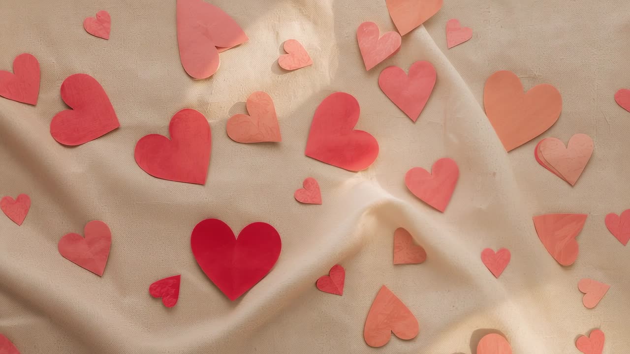 Movimento lento orizzontale della camera che rivela cuori di carta su tessuto color crema, mostrando la disposizione, la texture e una luce calda