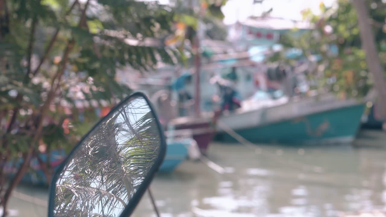 오토바이  ⁇  거울 은 가까운 초록색  ⁇  잎 을 반영 한다