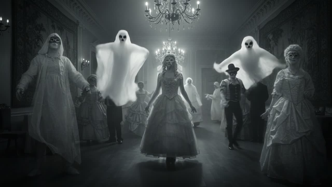 A Haunting Masquerade: A Chilling Dance of Ghostly Figures at Midnight in an Elegant Ballroom Setting, Merging Mystery with Ethereal Beauty Under Cryptic Chandelier Lights