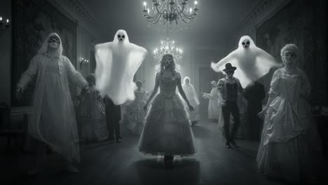 a haunting masquerade: a chilling dance of ghostly figures at midnight in an elegant ballroom setting, merging mystery with ethereal beauty under cryptic chandelier lights