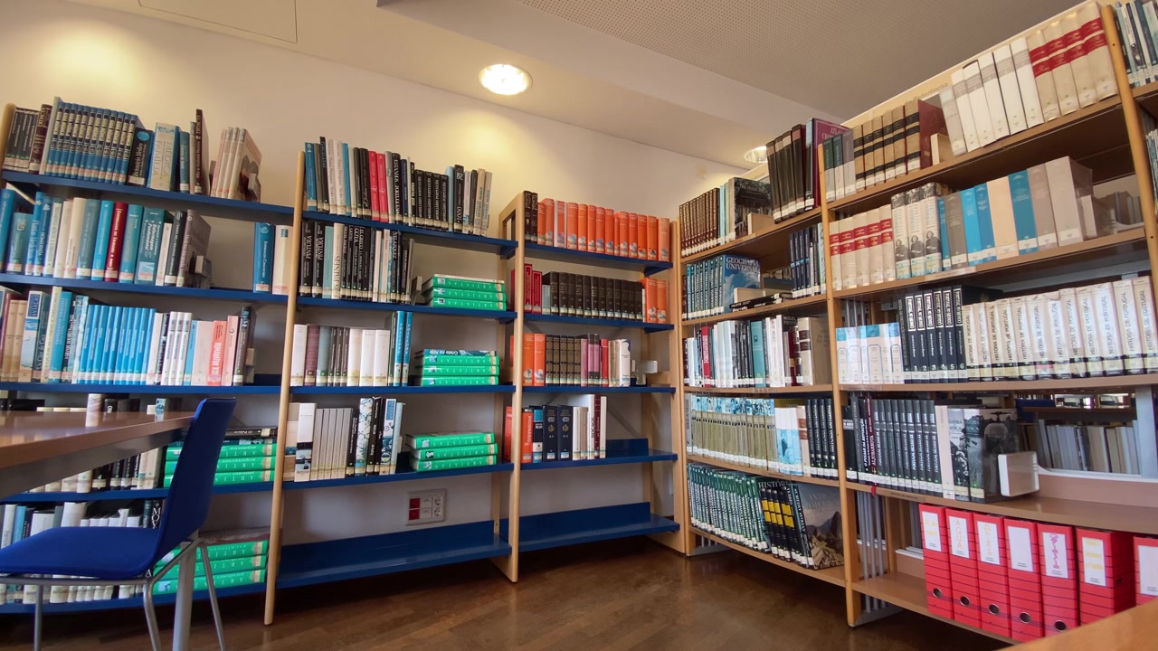 Scaffali pieni di file di libri e raccoglitori in una biblioteca, che rappresentano conoscenza, istruzione e materiale di ricerca organizzato.