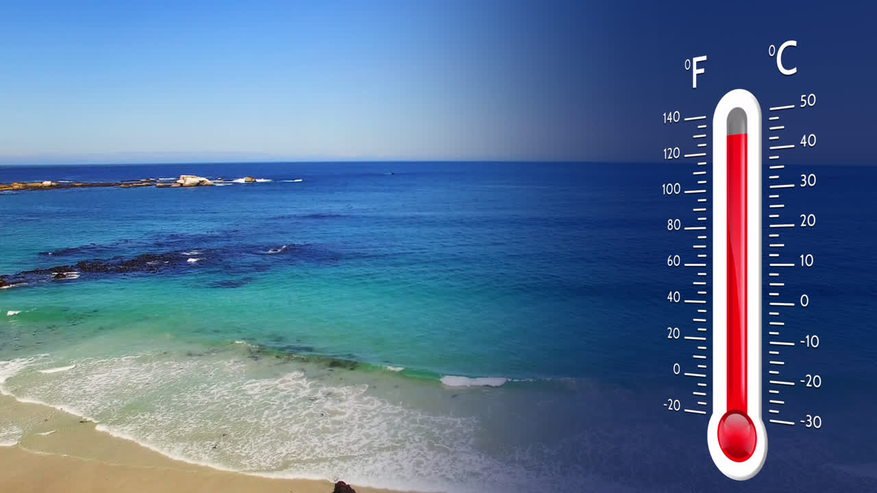 해양 풍경 위의 디지털 온도계 애니메이션