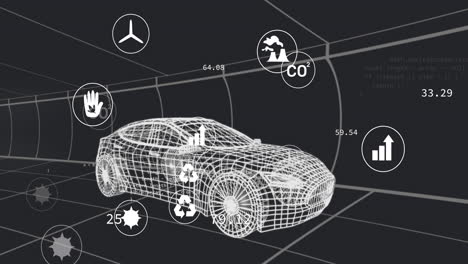 animación de múltiples iconos digitales sobre un modelo de coche 3d que se mueve en un patrón sin fisuras en un túnel