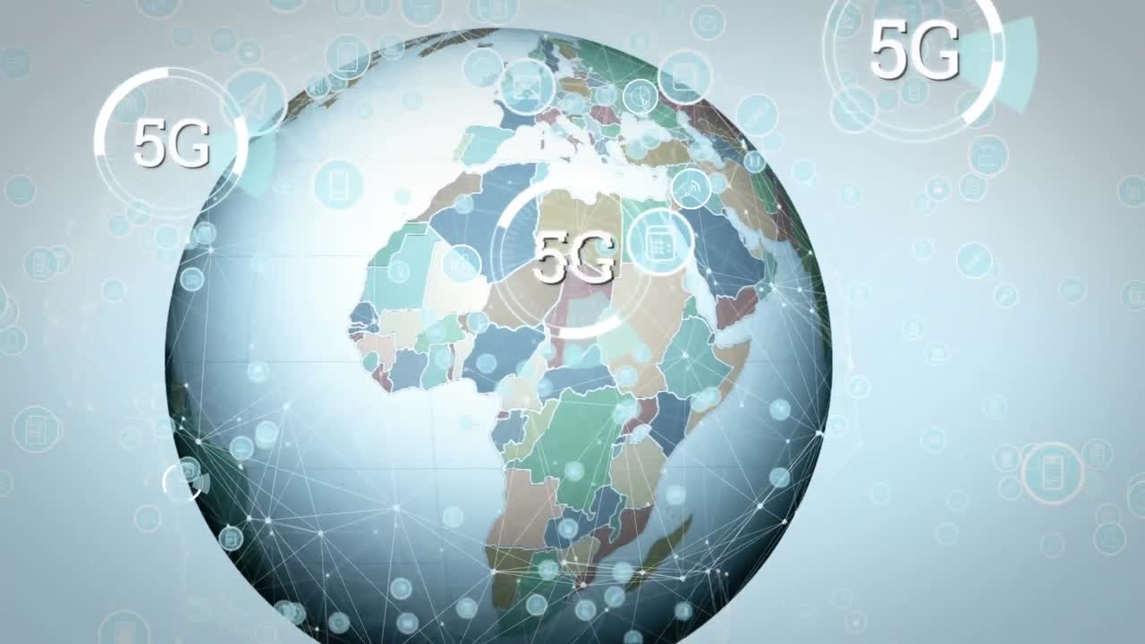 animación de textos 5g y globo sobre fondo blanco