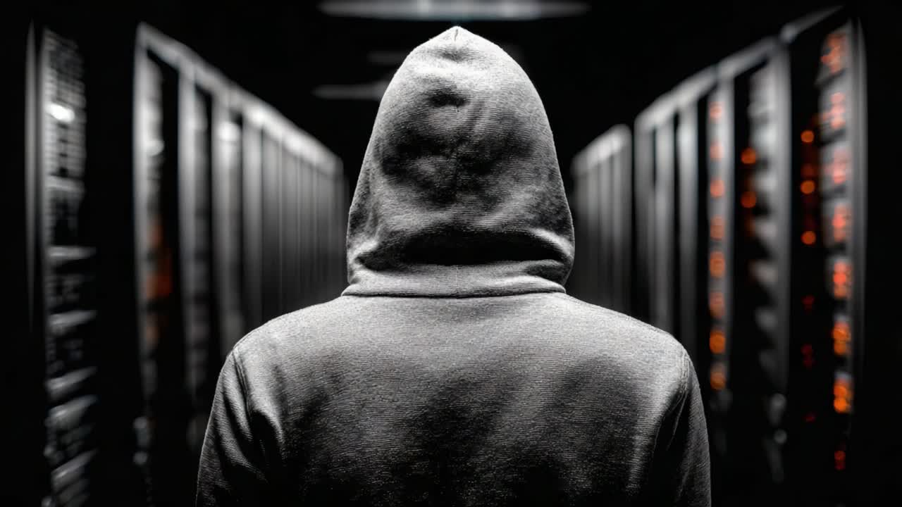 A Mysterious Hooded Figure in a Dark Data Center Surrounded by Rows of Illuminated Server Racks, Conveying an Atmosphere of Intrigue and Technology