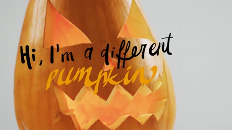 animation of halloween text over carved pumpkin on grey background