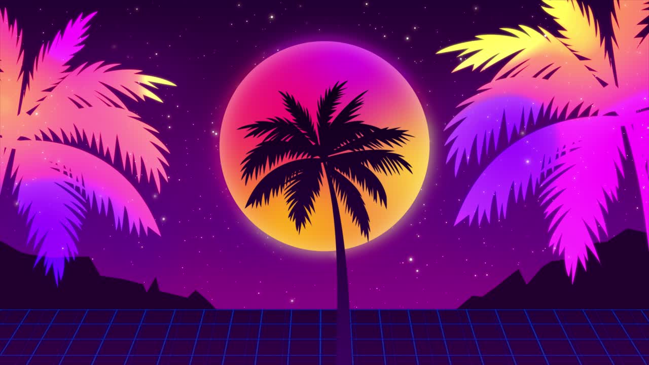 Rete wireframe synthwave. Tramonto sopra l'orizzonte. Stile anni '80, Sfondo Retrofuturismo. Intro VHS. Stile cyberpunk. Paesaggio, palme luminose al neon, cielo stellato. Loop continuo vintage Vaporwave