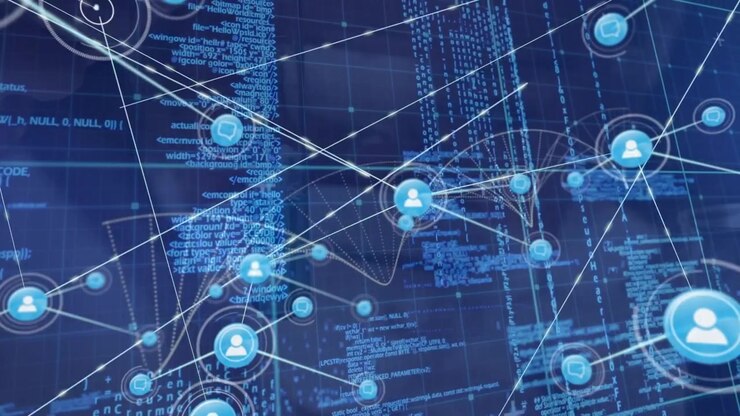 Animation of connected icons, dna helix with lines, programming language against abstract background