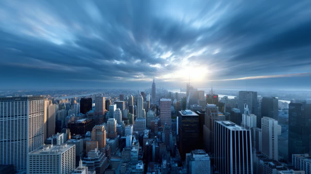 Dramatic City Skyline at Dawn with Cloudy Skies and Glowing Sunlight Illuminating Tall Buildings and Skyscrapers in an Expansive Urban Landscape