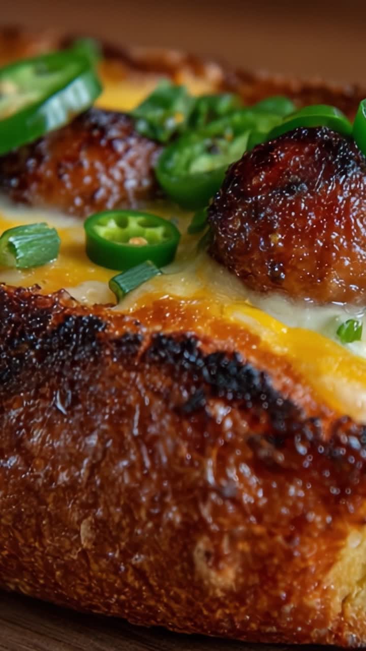 Plat gratiné délicieusement cuit avec des boulettes de viande savoureuses et des jalapeños frais, servi sur une croûte dorée croustillante, offrant une expérience culinaire riche en saveurs