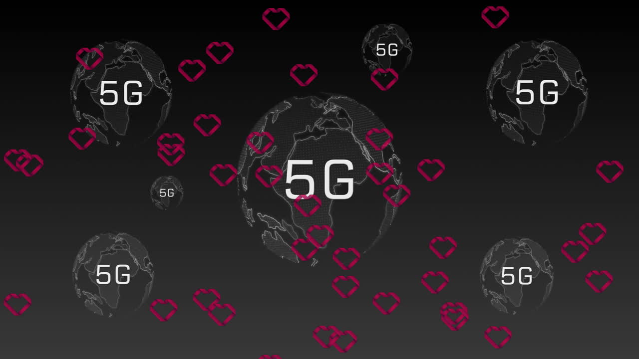 5G text and heart icons animating over globe illustrations on dark backdrop