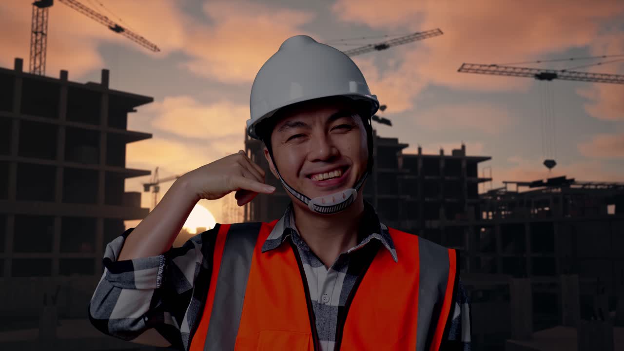 Close Up Of Asian Male Engineer With Safety Helmet Smiling To Camera And Making Call Me Gesture While Standing At Building & Construction Site in Progress to New House