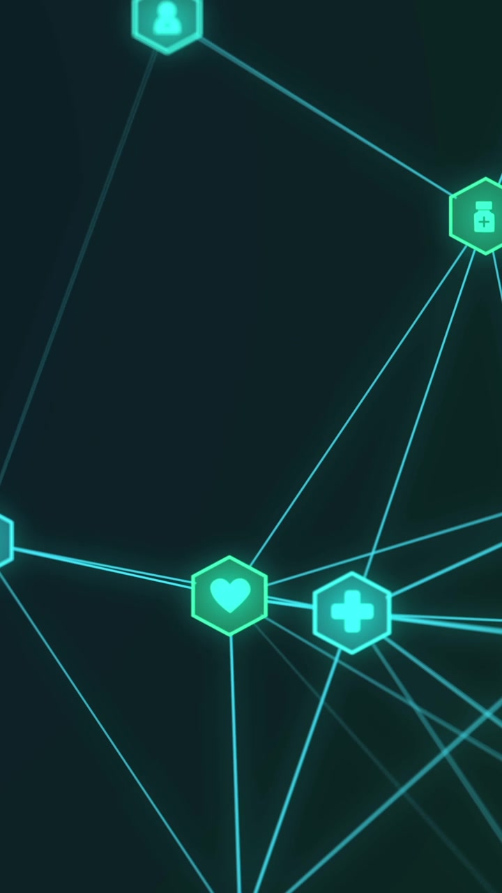 Animazione di una rete di connessioni con icone su paesaggio urbano, su sfondo scuro