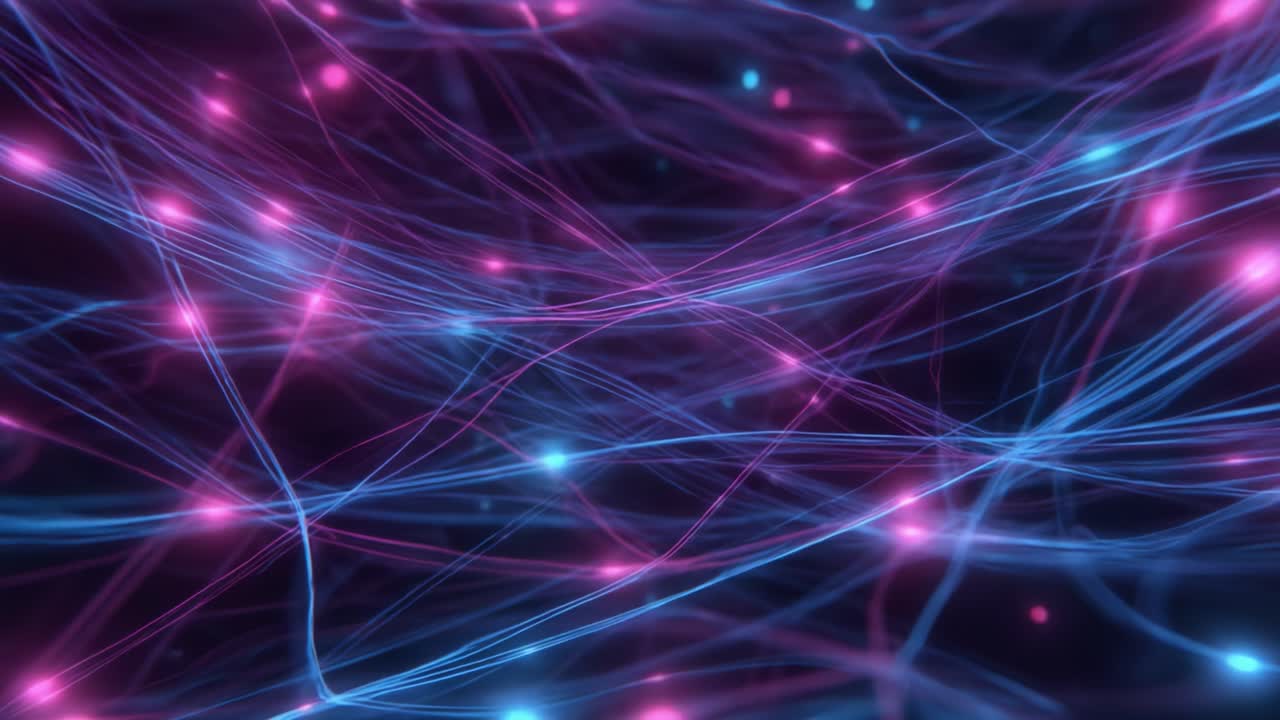 A Captivating Visualization of Abstract Light Patterns in Motion, Showcasing a Dynamic Interaction of Colorful Threads and Glowing Points in a Vast Dark Space