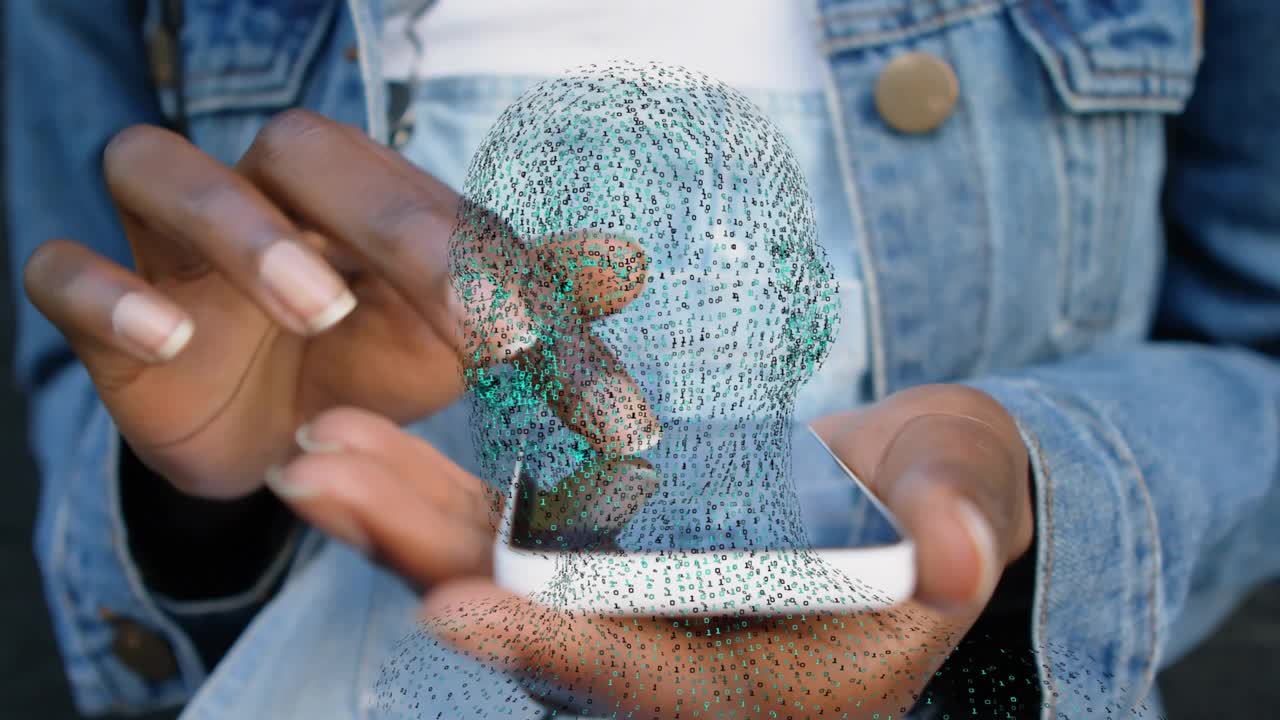 Woman tapping swiping phone screen in tech demo animating 3D point-cloud head mesh inspecting model