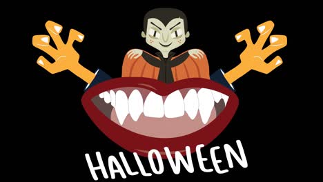 Animation-of-halloween-text-over-vampire-on-black