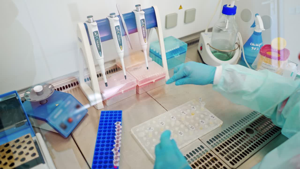 Medical equipment on the table in laboratory. Female hands working with test tubes. Researcher in his work place in modern lab.